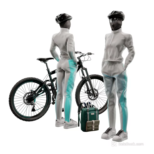 Models In Gray Sportswear With Turquoise Accents Standing By Mountain Bike And Green Backpack 3d model 