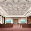 Traditional Chinese Style Conference Room With Wooden Walls Red Carpet And Decorative Painting