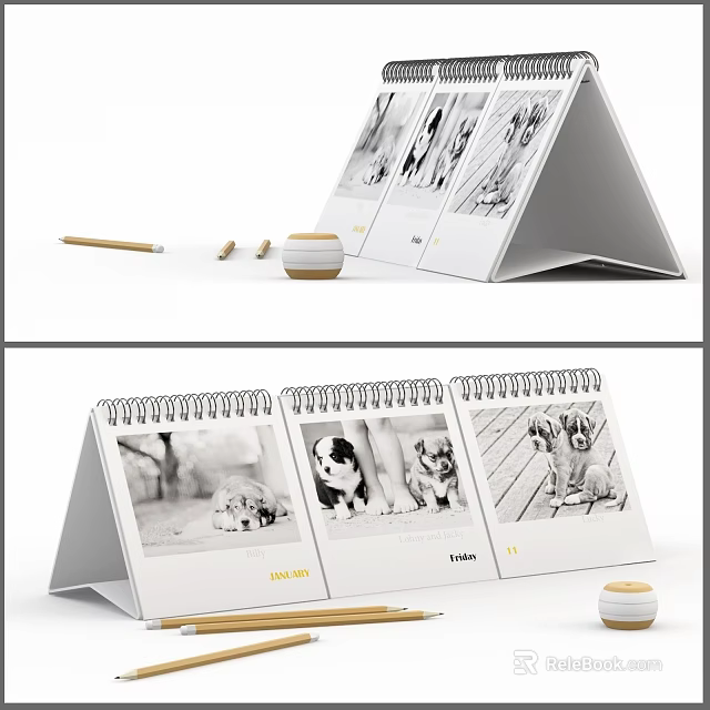 Spiral Bound Desk Calendar With Pet Photos Pencil And Container Items 3d model 