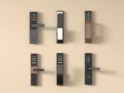 Various Smart Door Lock Designs With Digital Keypads On Beige Background 3d model