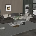Modern Leather Sectional Sofa Coffee Table Set With Marble Top And Striped Area Rug