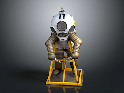 Diving Suit Character With Number 11 Metallic Armor Yellow Frame And Dome Helmet 3d model