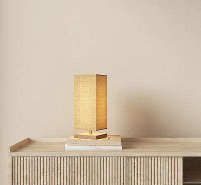Square Fabric Shade Table Lamp On Wooden Shelf With Book Base 3d model