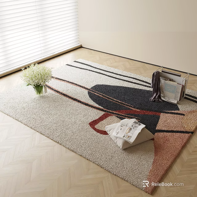 Square Rug with Geometric Pattern on Wooden Floor near Vase White Flowers and Newspapers 3d model 