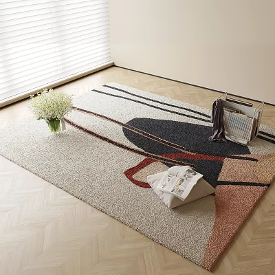 Square Rug with Geometric Pattern on Wooden Floor near Vase White Flowers and Newspapers 3d model