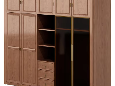 Modern Wooden Wardrobe With Cabinet Doors Drawers Glass Doors And Open Shelves 3d model