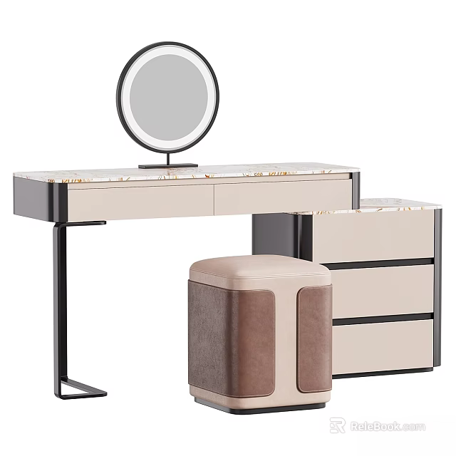 Modern Dressing Table Design With Round Mirror Marble Countertop Metal Frame And Stool 3d model 