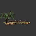 Cartoon Scene With Willow Tree Stone Bridge River Small Boat Wooden Fence And Green Grass