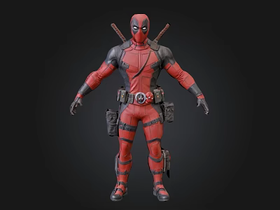 Deadpool Character Model In Red Black Costume With Swords On Back And Utility Belt 3d model