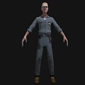 Bald Man With Forehead Scar White Eyebrows White Eye In Torn Gray Shirt Black Background