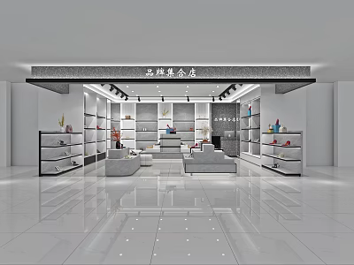 Modern Specialty Store Interior with Display Shelves Products Bright Lighting Sofa and Shiny Floor 3d model