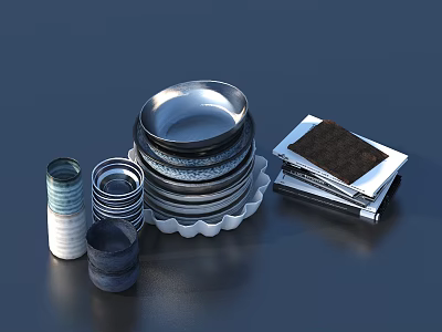 Stackable Modern Dinnerware Set With Metal Bowls Ceramic Cups And Plates 3d model