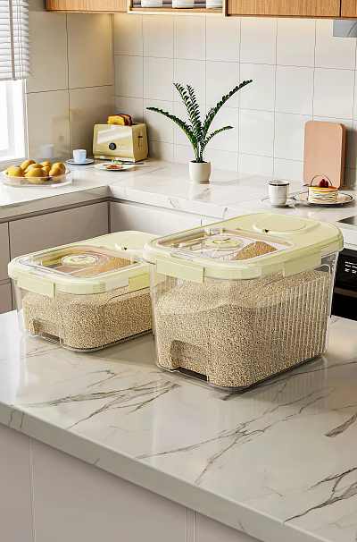 Transparent Kitchen Storage Containers With Lids For Storing Grains On Countertop With Fruits 3d model