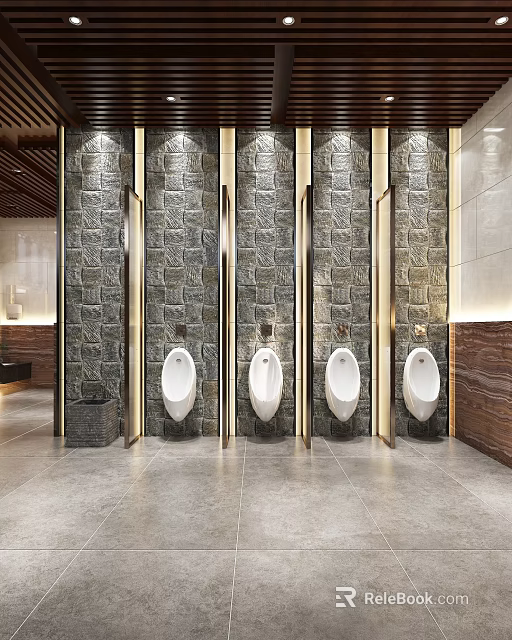 Public Restroom Design With Men's Urinals Stone Walls And Metal Partitions 3d model 
