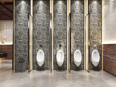 Public Restroom Design With Men's Urinals Stone Walls And Metal Partitions 3d model