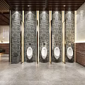 Public Restroom Design With Men's Urinals Stone Walls And Metal Partitions