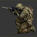 Game Movie Character In Camouflage Uniform With Helmet Kneeling On One Knee Holding Colorful Rifle