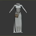 Elegant White Floor Length Robe With High Neck Long Sleeves And Decorative Waist Bag