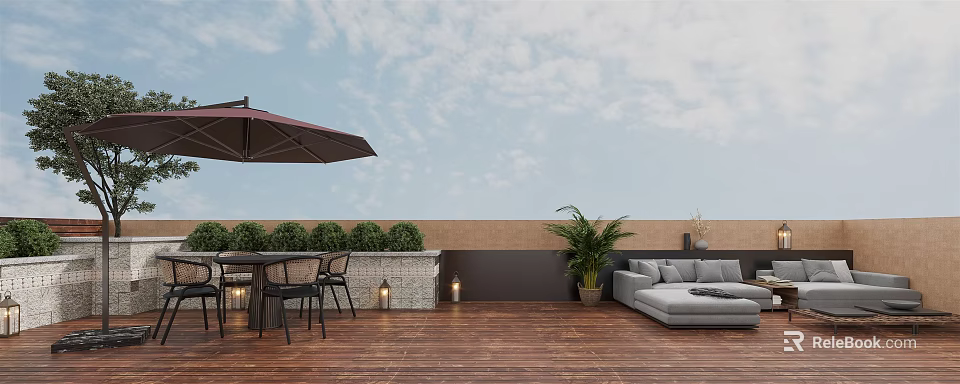 Cozy Terrace Garden With Wooden Deck Gray Sofa Brown Umbrella And Green Plants 3d model 