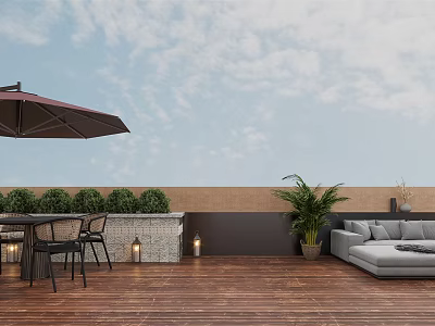 Cozy Terrace Garden With Wooden Deck Gray Sofa Brown Umbrella And Green Plants 3d model