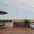 Cozy Terrace Garden With Wooden Deck Gray Sofa Brown Umbrella And Green Plants