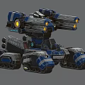 Futuristic Tank With Multiple Cannons Glowing Yellow Lights Blue Gray Color Scheme And Mechanical Tracks