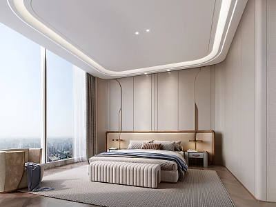 Modern Bedroom Interior With Large Window City View LED Headboard Bench And Rug 3d model