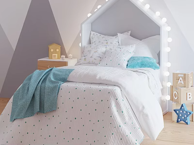 Kids Bed With House Headboard String Lights White Polka Dot Bedspread Blue Pillow ABC Blocks 3d model