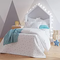 Kids Bed With House Headboard String Lights White Polka Dot Bedspread Blue Pillow ABC Blocks