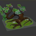 Bonsai Tree with Curved Brown Trunk Green Leaves and Exposed Roots on Green Grass Base