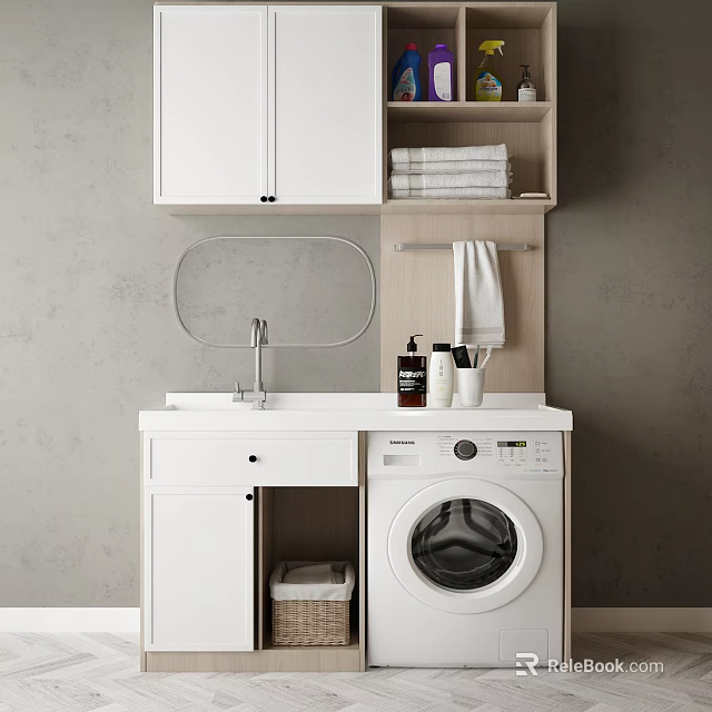 Modern Bathroom Vanity Cabinet with Shelf Towels Round Mirror Sink Countertop Washing Machine and Basket 3d model 