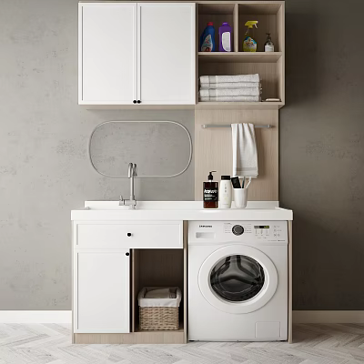 Modern Bathroom Vanity Cabinet with Shelf Towels Round Mirror Sink Countertop Washing Machine and Basket 3d model