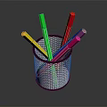 Colorful Writing Pens in Black Mesh Pen Holder for Office Desk