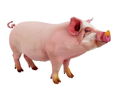 Pink Pig With Curly Tail Large Ears And Yellow Hooves On White Background 3d model