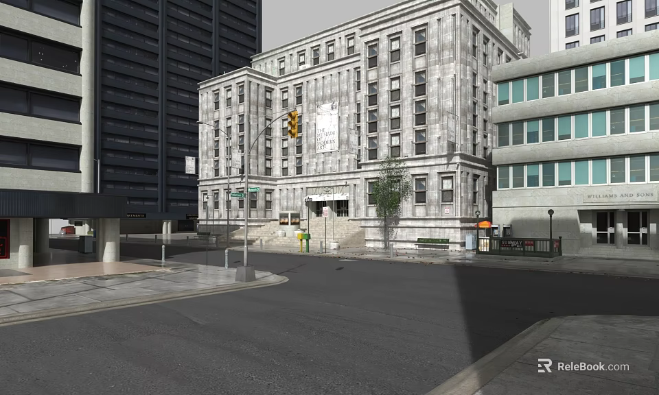 Historic Gray Building Amid Modern Skyscrapers With Street Trees And Traffic Light 3d model 