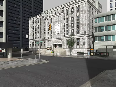 Historic Gray Building Amid Modern Skyscrapers With Street Trees And Traffic Light 3d model