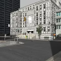 Historic Gray Building Amid Modern Skyscrapers With Street Trees And Traffic Light