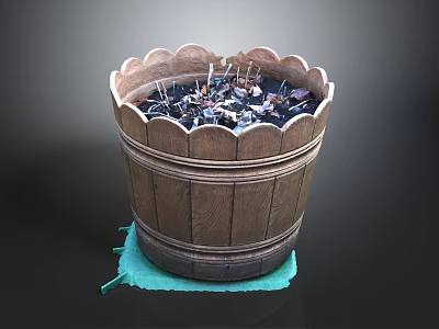 Decorative Ornaments Set Displayed in Wooden Bucket With Scalloped Edge on Green Mat 3d model