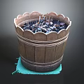 Decorative Ornaments Set Displayed in Wooden Bucket With Scalloped Edge on Green Mat