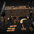 Vintage Wooden Chest Surrounded By Antique Shield Tools Pottery Jug And Scrolls