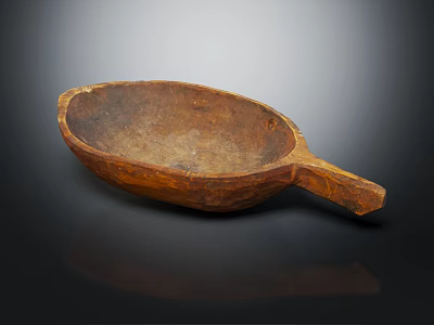 Vintage Handcrafted Wooden Scoop Bowl Featuring Textured Surface And Long Handle 3d model