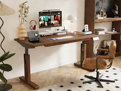 Modern Wooden Desk and Leather Chair Set with Computer Setup Bookshelf and Decorative Elements 3d model
