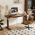 Modern Wooden Desk and Leather Chair Set with Computer Setup Bookshelf and Decorative Elements