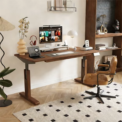 Modern Wooden Desk and Leather Chair Set with Computer Setup Bookshelf and Decorative Elements 3d model