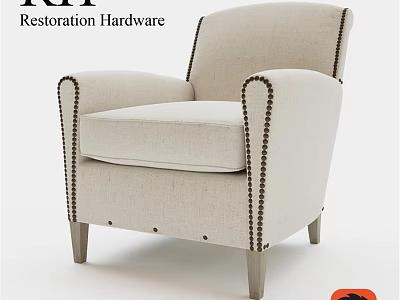 Upholstered Beige Accent Chair With Brown Nailhead Trim And Wooden Legs 3d model