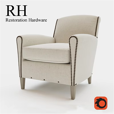 Upholstered Beige Accent Chair With Brown Nailhead Trim And Wooden Legs 3d model