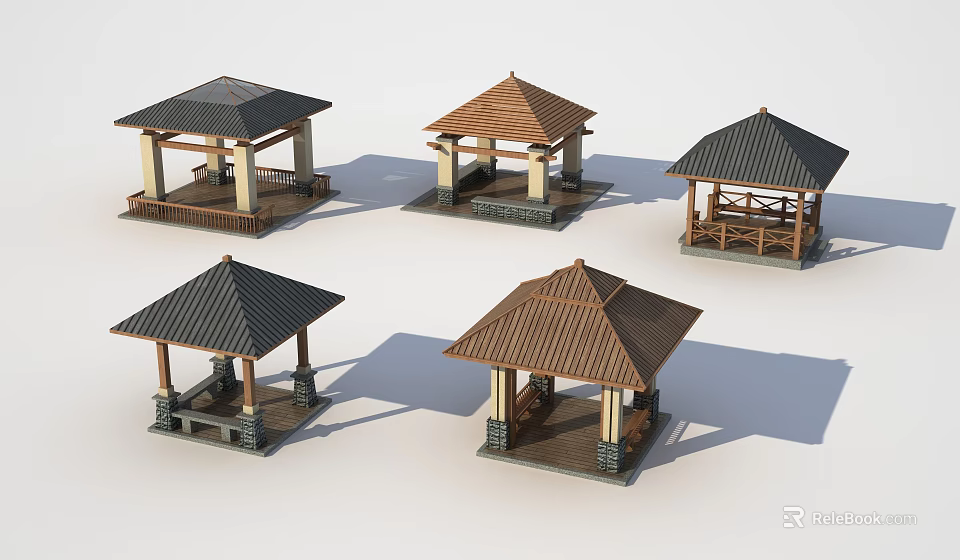 Chinese Pavilions With Various Designs Black And Brown Roofs Wooden Structures Platforms And Railings 3d model 