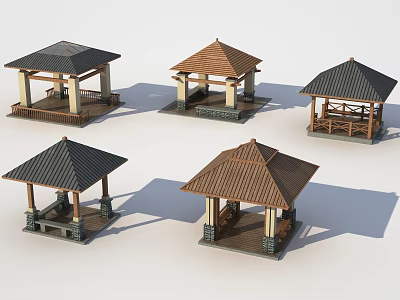 Chinese Pavilions With Various Designs Black And Brown Roofs Wooden Structures Platforms And Railings 3d model