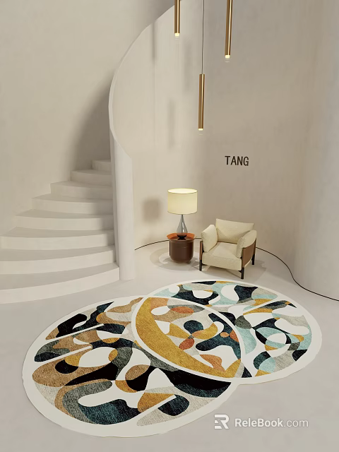 Round Abstract Patterned Rug In Modern Living Room With Spiral Staircase Armchair And Table Lamp 3d model 