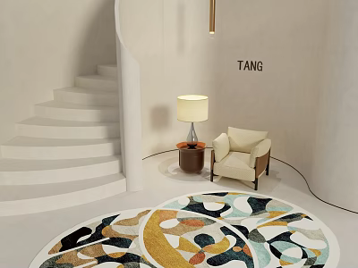 Round Abstract Patterned Rug In Modern Living Room With Spiral Staircase Armchair And Table Lamp 3d model